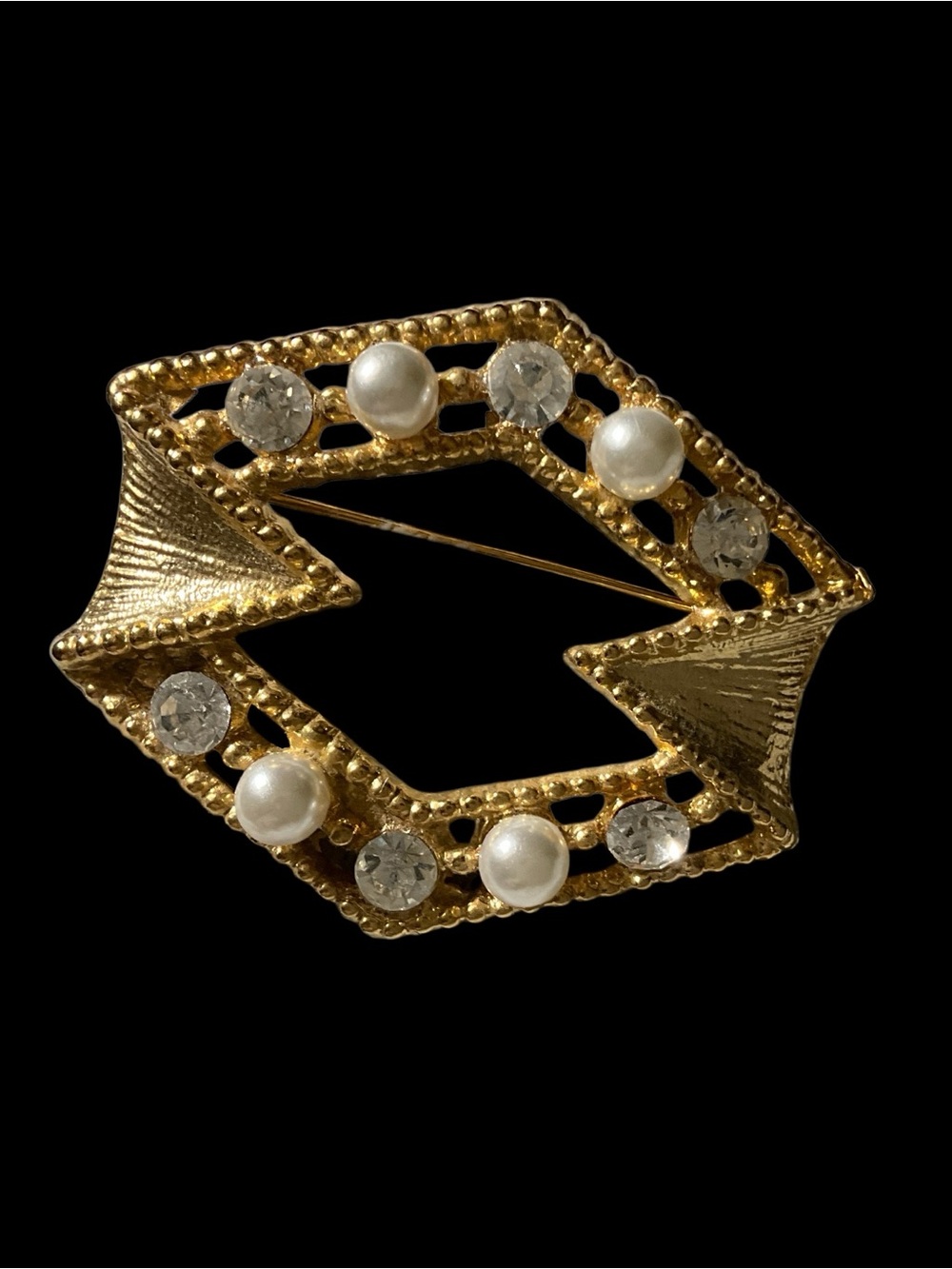 Vintage Gold Tone Faux Pearl Rhinestone Geometric Brooch Pin